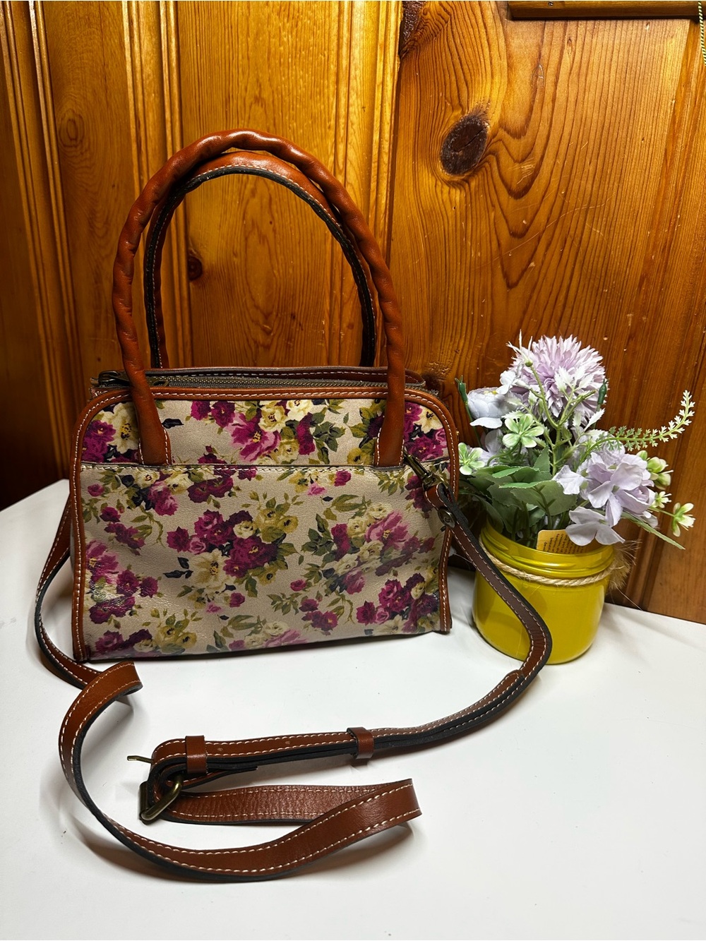 Patricia Nash Floral Canvas Crossbody with Brown Leather Trim